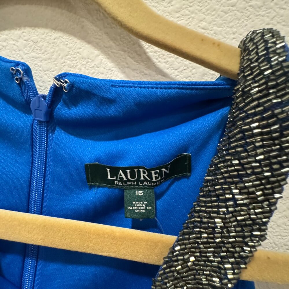 Ralph Lauren Size 16 Ruffled Cocktail Sheath Beaded Halter Dress PORTUGUESE BLUE - Picture 6 of 12